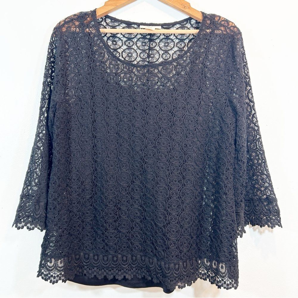 Style & Co. Black Lace Layered Top Cottagecore Witchy Size L Cotton Blend